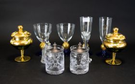 A Small Collection Of Glass Ware To include two hand painted gilt bon bon dishes with twist stem,