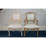 A Pair Of French Style Open Arm Chairs Each with moulded floral and foliate detail to back and