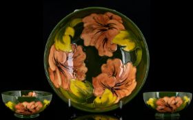 W, Moorcroft Signed Tubelined Footed Bowl, Coral Hibiscus Design on Emerald Green Ground,