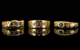 Three Antique 18ct Gold Gemset Rings Set with sapphires, diamonds and ruby, each fully hallmarked,