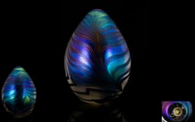 John Ditchfield Glasform Art Glass Opalescent Paperweight Ovate form paperweight with blue,