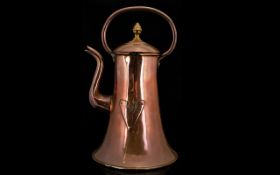 An Arts And Crafts Copper Ewer. Height 12 Inches, Finial To Lid, Top Handle. Flared Base. Please See
