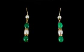 Antique Period 9ct Gold Pearl And Turquoise Set Drop Earrings Elegant drops comprising two ovoid