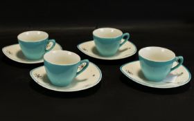 Staffordshire Midwinter Fashion Shape Capri Pattern Cups & Saucers. Circa 1955, four cups with