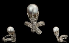 RCM Gioielli Italian Designer 18ct White Gold Diamond And Pearl Set Statement Ring In the form of a