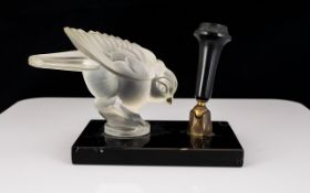 Art Deco Bird Form Pen Stand Raised on black glass base with opaque moulded glass bird figure and