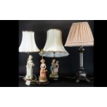 Three Contemporary Decorative Figural Lamps Two with shades, together with one other column lamp,