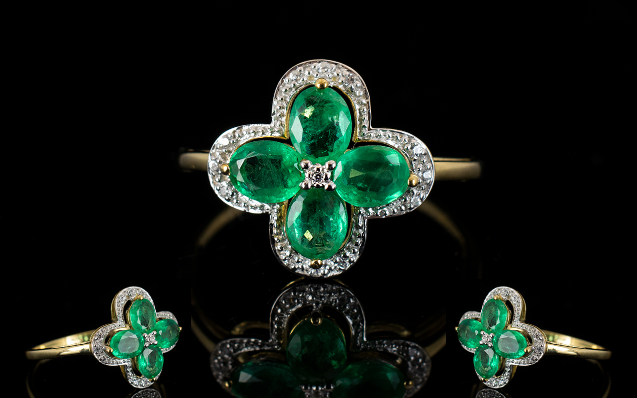 Emerald and White Zircon Quatrefoil Ring