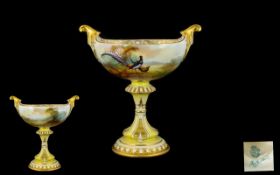 Royal Worcester Impressive and Fine Signed and Hand Painted Twin Handle Pedestal Bowl of Classical