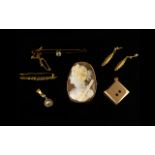 A Small Mixed Lot Of Jewellery To include antique shell cameo brooch depicting classical maiden in