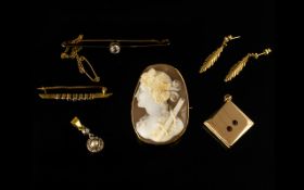 A Small Mixed Lot Of Jewellery To include antique shell cameo brooch depicting classical maiden in