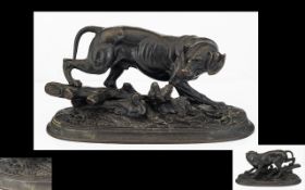 Cast Metal Bronzed Figure Of A Hunting dog; Signed E Delabrierre Length 7 Inches.