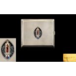 Art Deco Period - Excellent Quality Bright Cut Silver and Enamel Cigarette Case of Rectangular
