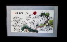 Oriental Embroidery On Silk - Landscape Orientation Depicting Multiple Cranes Amongst Pines With