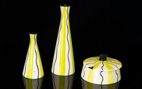 Jessie Tait 3 Piece Cruet Set. Yellow & Black Wacy Lines.