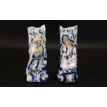 Pair of Victorian Flat Back Spill Vases - 1840 - 1909 blue and white with figures.