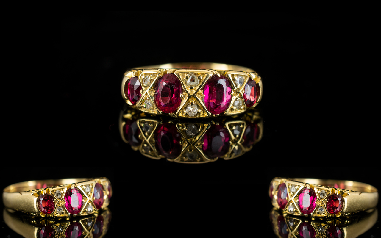 Antique Period Attractive 18ct Gold Ruby And Diamond Dress Ring The natural rubies of excellent