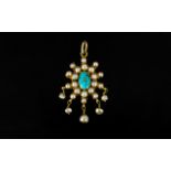 Antique 15ct Gold Turquoise And Pearl Pendant Drop The central turquoise surrounded by seed pearls