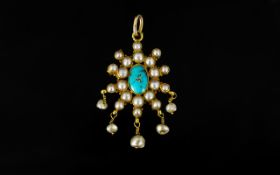 Antique 15ct Gold Turquoise And Pearl Pendant Drop The central turquoise surrounded by seed pearls