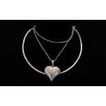Contemporary Silver Heart Pendant Necklace Large three dimensional heart pendant on long silver