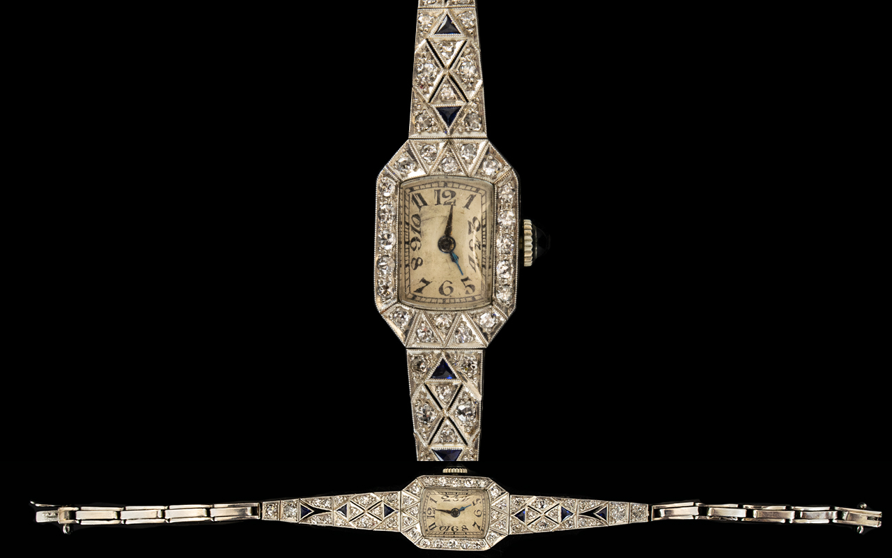 Art Deco Period - Superb Platinum Sapphire and Diamond Set Cocktail Ladies Watch, Marked Platinum,