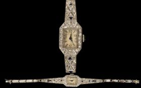 Art Deco Period - Superb Platinum Sapphire and Diamond Set Cocktail Ladies Watch, Marked Platinum,