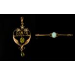 A 9ct Gold And Opal Set Bar Brooch And 9ct Peridot Pendant Drop Antique, slim bar brooch,