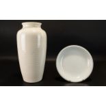 Moorcroft Vase and Celadon Dish - vase is cream ware - monochrome, art deco 1920 - 1939. Ribbed