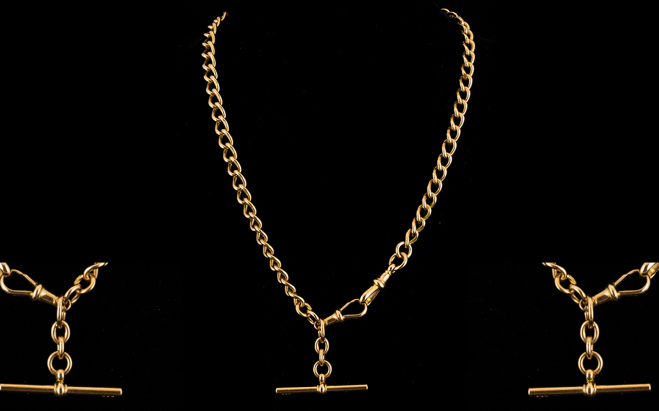 Antique Period 9ct Gold Albert Chain with Attached T-Bar. All Links are Marked for 9ct.
