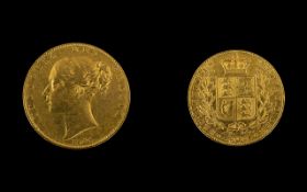 Queen Victoria 22ct Gold Young Head/Shield Back Full Sovereign - date 1845.