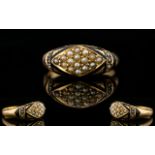 Victorian Gold Mourning Ring Set With Seed Pearls And Black Enamel, Hallmark Rubbed, Makers Mark J.