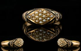 Victorian Gold Mourning Ring Set With Seed Pearls And Black Enamel, Hallmark Rubbed, Makers Mark J.