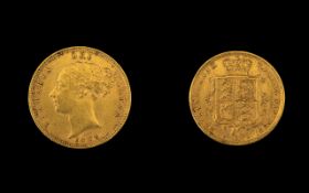 Queen Victoria 22ct Gold Shield Back Young Head Half Sovereign - dated 1884.