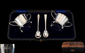 Edwardian Period - Nice Quality Boxed Set of Silver Twin Handle Salts and Spoons of Pleasing Form.