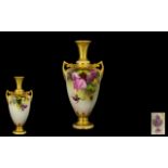 Royal Worcester Hand Painted Twin Handle Urn Shaped Vase ' Roses ' Still Life.