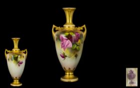 Royal Worcester Hand Painted Twin Handle Urn Shaped Vase ' Roses ' Still Life.