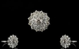 18ct White Gold Large - Impressive Diamond Set Cluster Ring In a Flower Head Design. Hallmark for