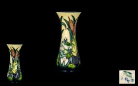 Moorcroft - Small Tubelined Vase of Waisted Form ' Water Lily ' Design with Iris and Bullrushes. c.