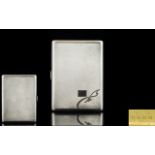 Art Deco Period - Bright Cut Gentleman's Solid Silver Hinged Rectangular Shaped Cigarette Case with