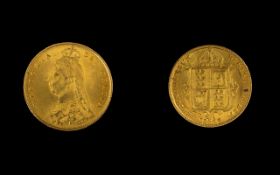 Queen Victoria 22ct Gold - Jubilee Head Shield Back Half Sovereign - Date 1887. London Mint & E.