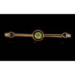 Victorian Period 9ct Gold Sweetheart Brooch, Set with Peridot and Seed Pearls. 2 Inches - 5 cm Long.