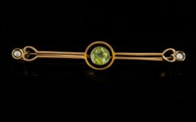 Victorian Period 9ct Gold Sweetheart Brooch, Set with Peridot and Seed Pearls. 2 Inches - 5 cm Long.