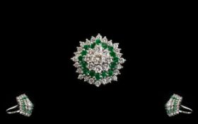 18ct White Gold Large and Impressive Emerald and Diamond Cocktail Ring - of flower head design.