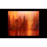 Heinz-Jürgen Menzinger Oil On Canvas, Modernist New York Cityscape, 'Red City'. 32 x 39 Inches.