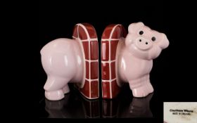 Carlton Ware 1950s Pair of Ceramic Book Ends in the form of a Large Smiling Pig.