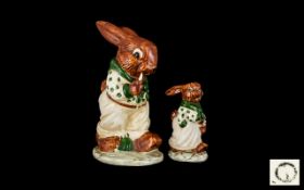 Algreave Pottery Hand Painted Large Size Novelty Rabbit Figure and Matching Smaller Rabbit Figure