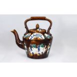 Bargeware - 19th Century Treacle Glazed Teapot with Applied Floral Decoration to Body of Teapot and