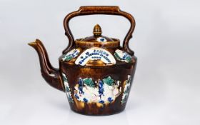 Bargeware - 19th Century Treacle Glazed Teapot with Applied Floral Decoration to Body of Teapot and