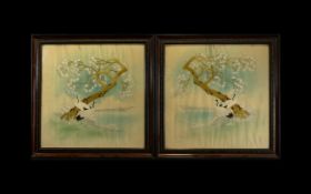 A Pair Of Late 19th/Early 20th Century Embroidered Oriental Panels On Silk Each framed and glazed,