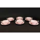 Minton China A Set Of Six Soup Bowls Unusual fluted design in shell pink with twin ivory handles